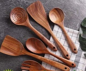 Wooden Serving and Cooking  POLISHED SHEESAM WOOD Spoons Set | Wood Spoons/Spatula for Cooking - Kitchen Tools - (Set of 6)